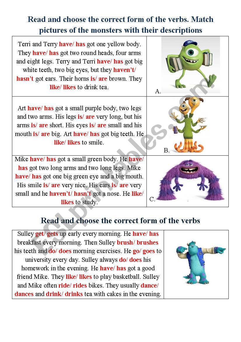 Describe monsters worksheet