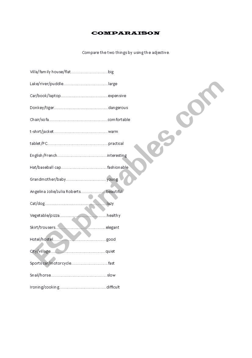 Comparaison board game worksheet