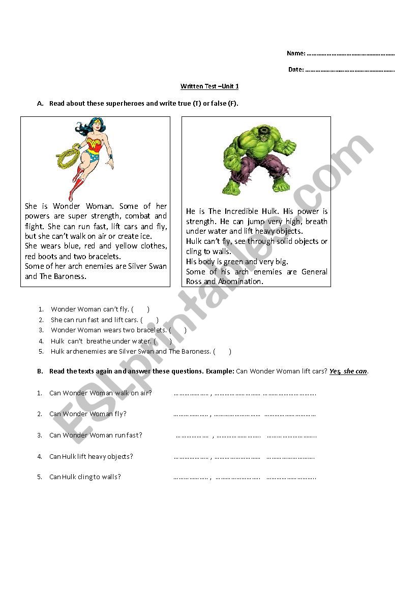 Superheroes worksheet