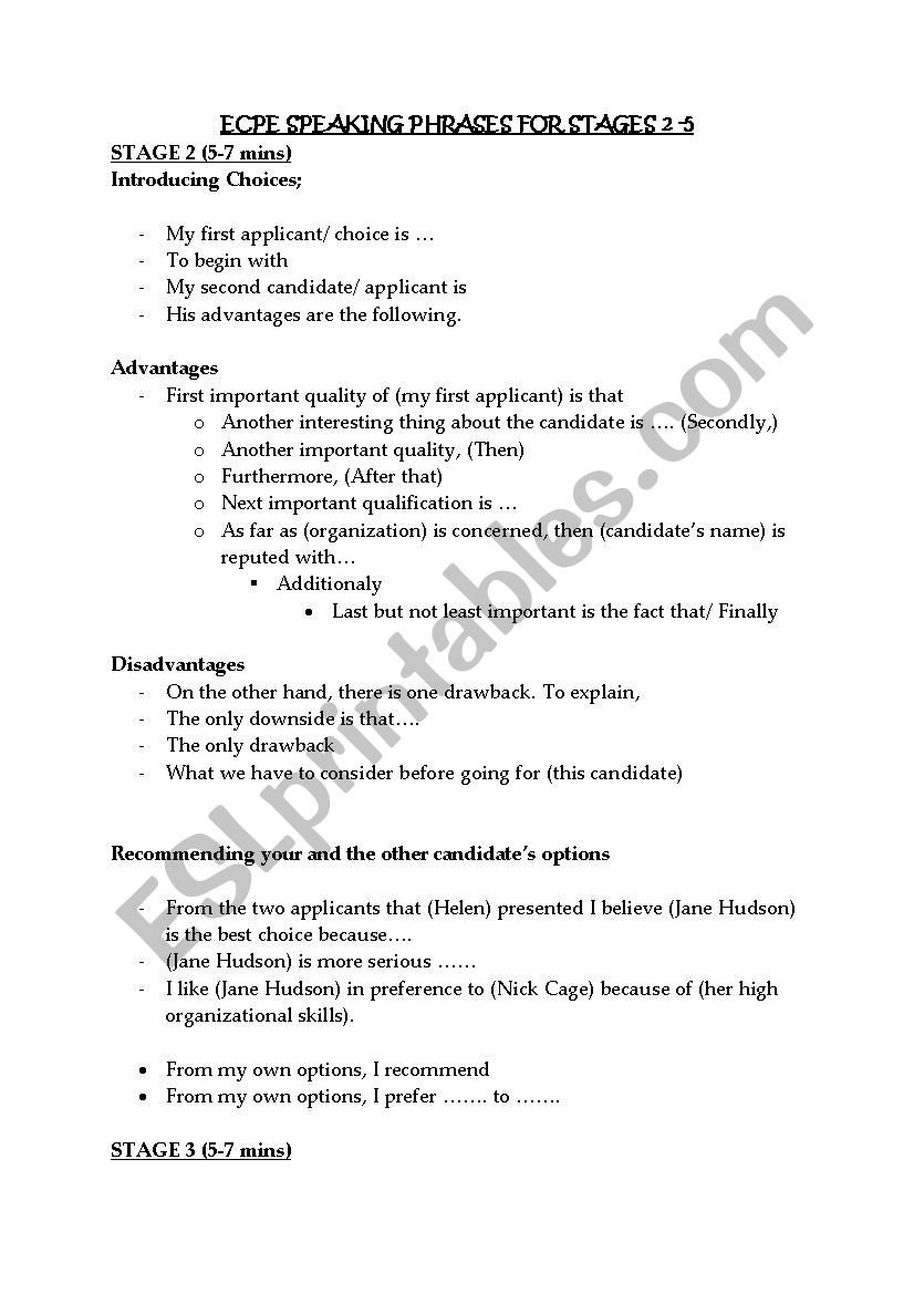 ECPE SPEAKING PHRASES FOR STAGES 2 -5	