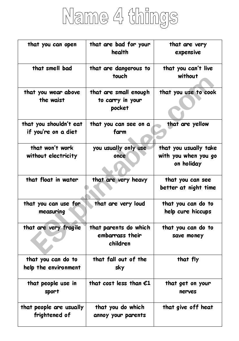 Name 4 things - language game worksheet