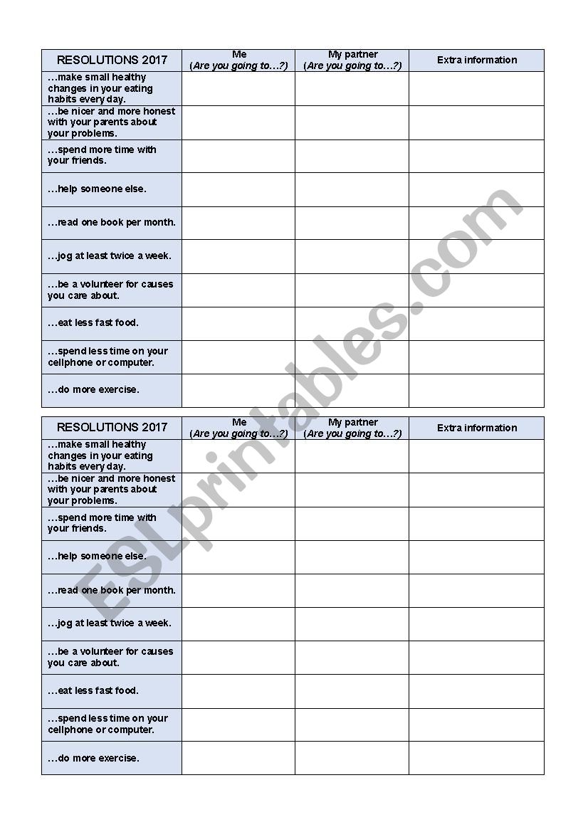 RESOLUTIONS 2017 worksheet