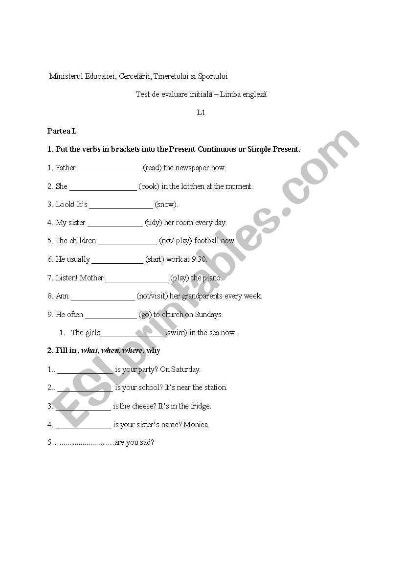 Initial test worksheet