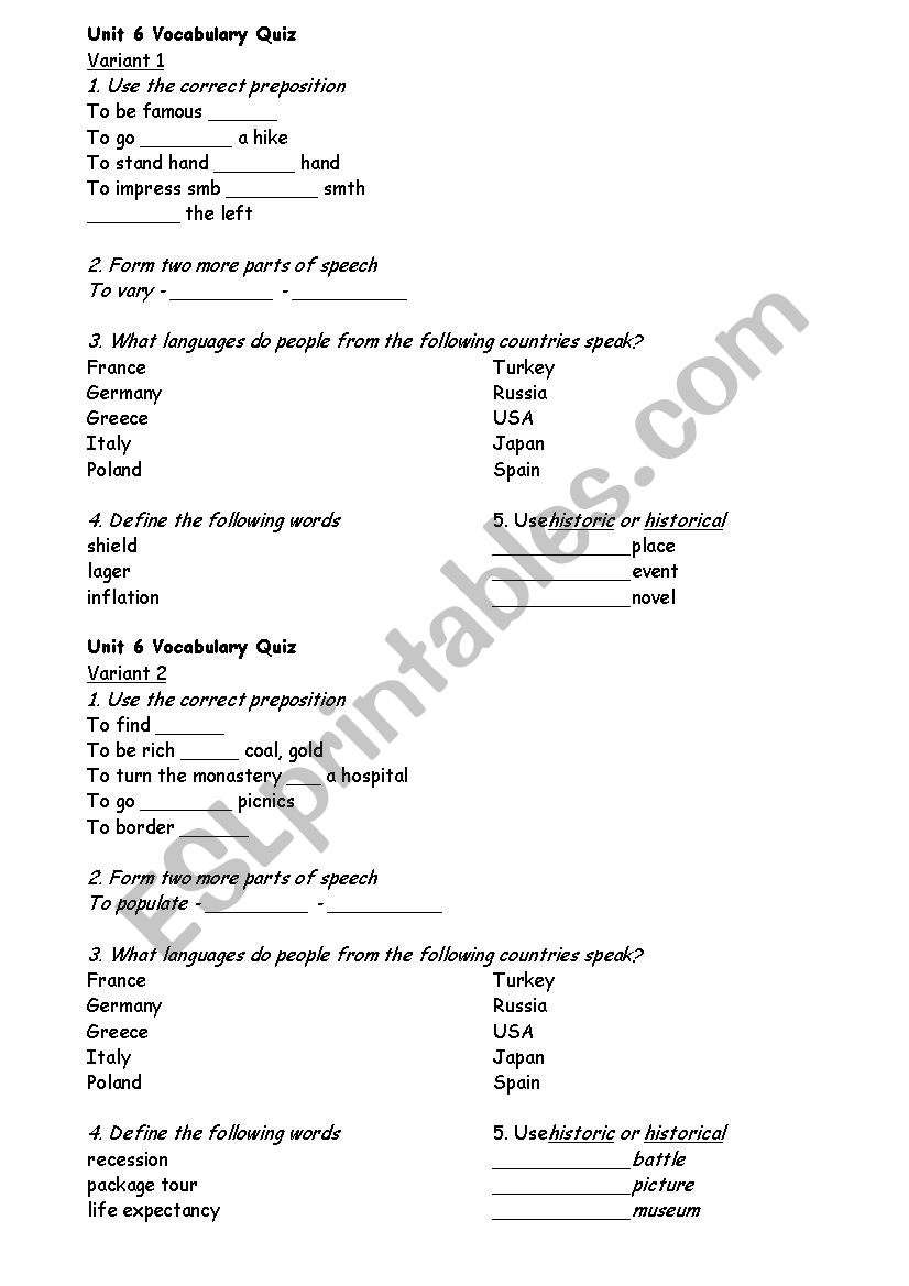 Vocabulary quiz worksheet