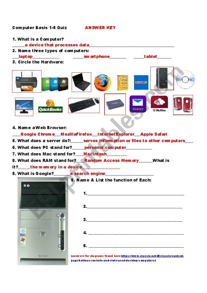 Computer Basics Worksheet Answer Key