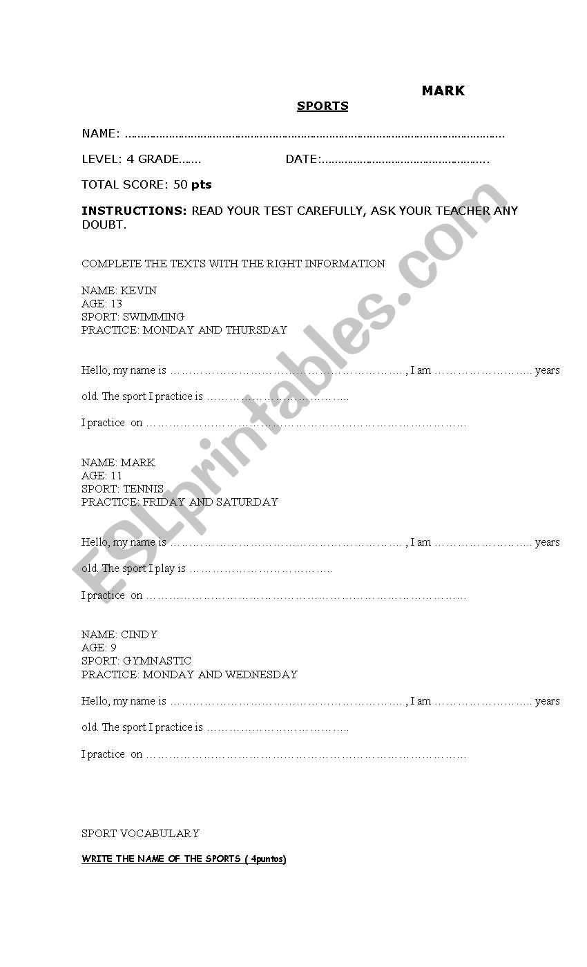 SPORT TEST worksheet