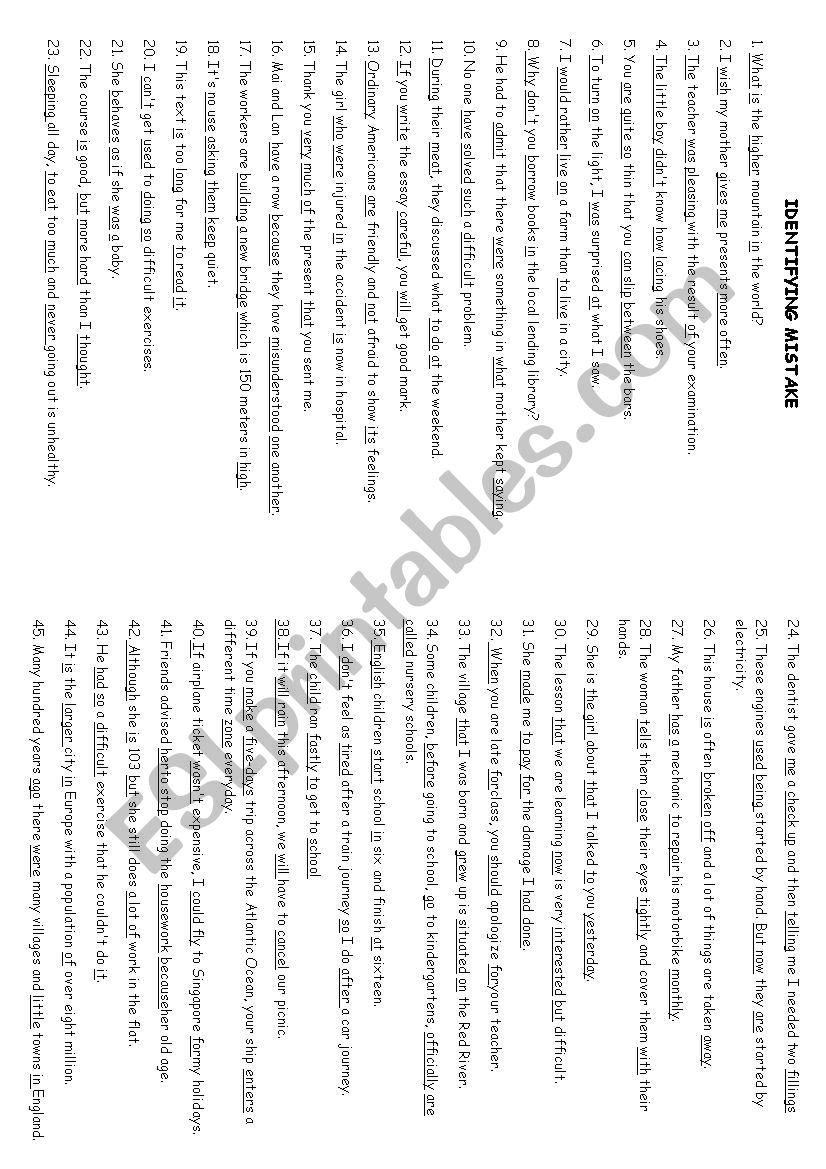 identifying mistake  worksheet