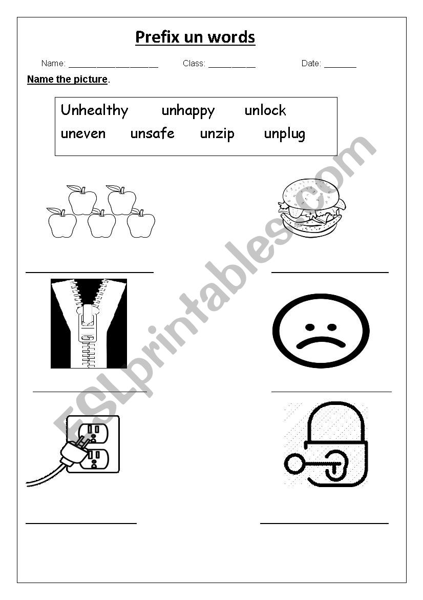 Prefix un words  worksheet