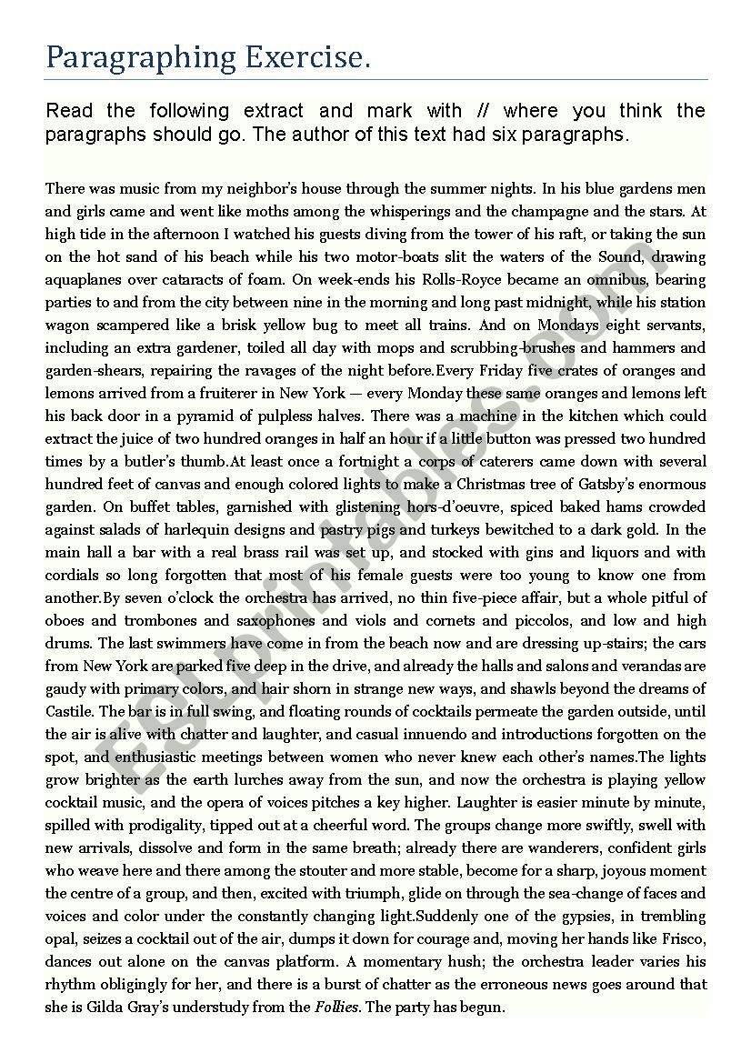 Paragraphing Exercise - The Great Gatsby Party Scene