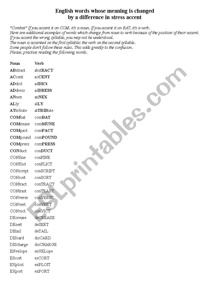 Noun Verb different stress worksheet