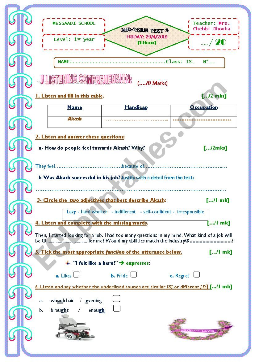 mid term test for 1st form worksheet