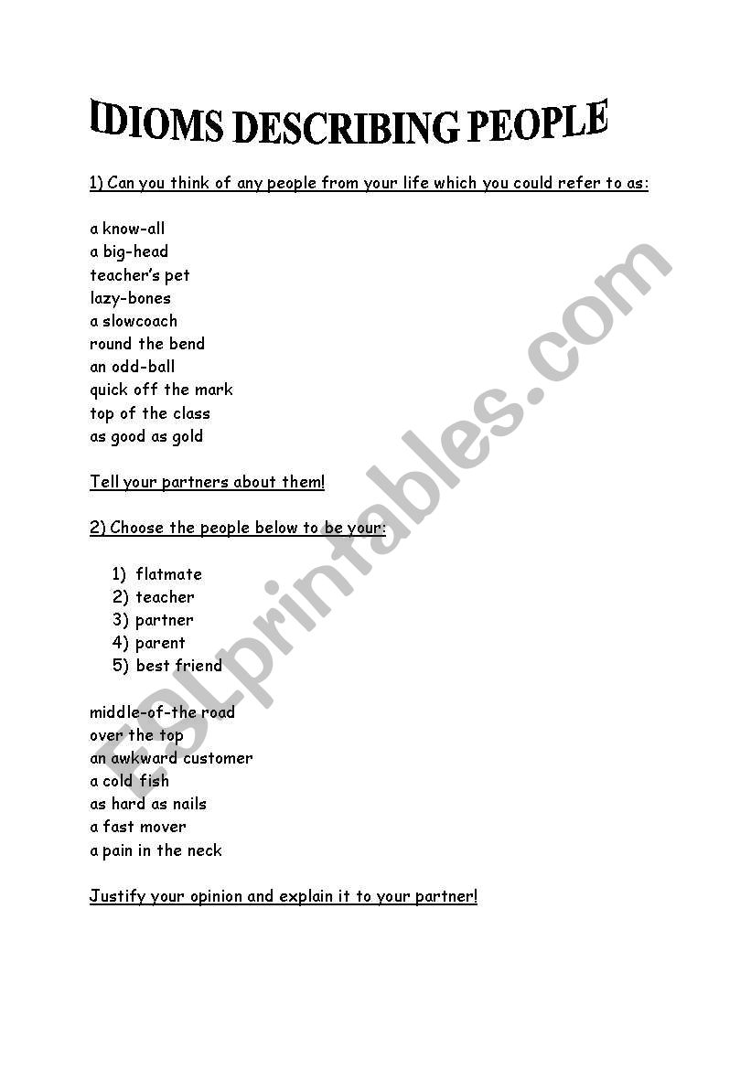 IDIOMS DESCRIBING PEOPLE worksheet