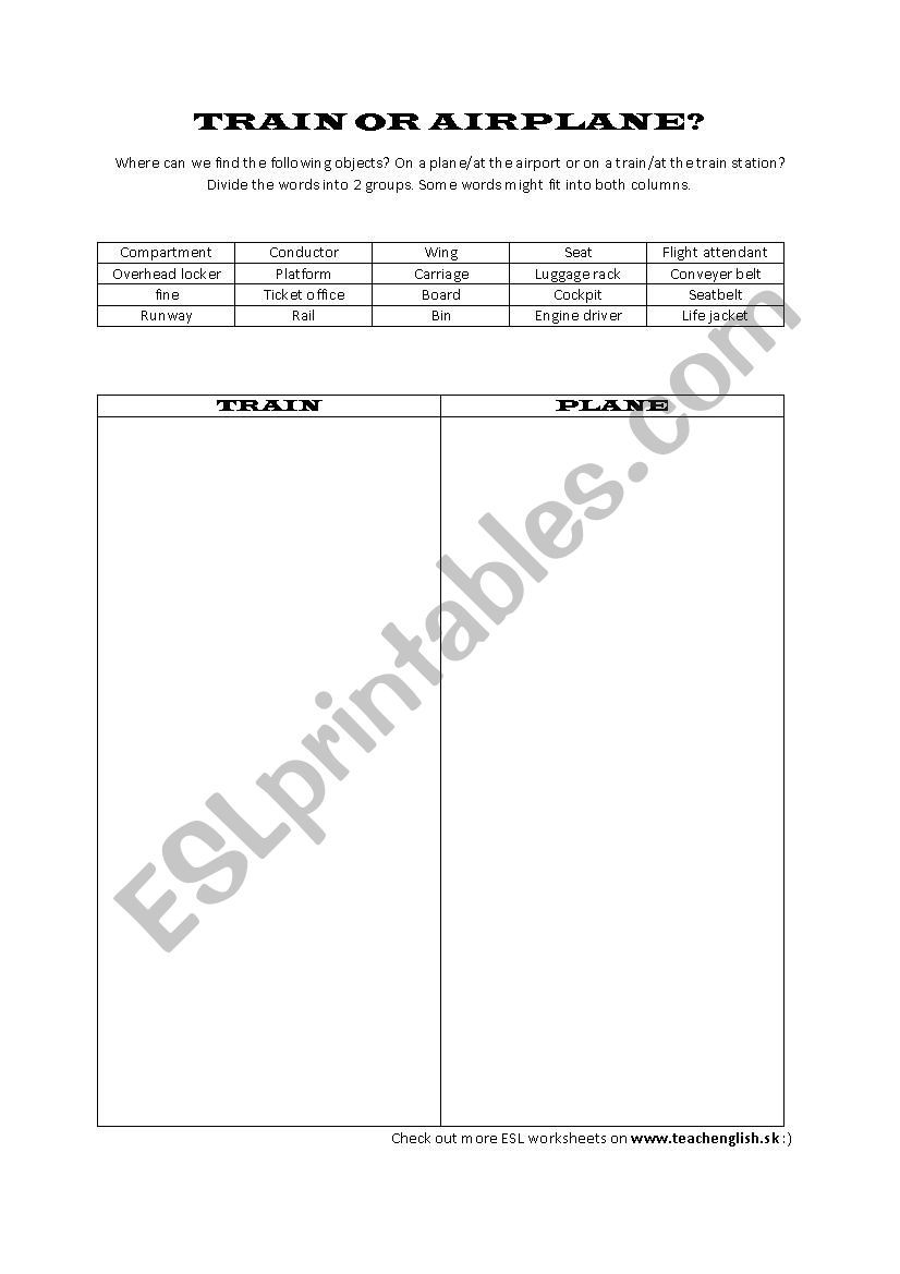 train or airplane? worksheet