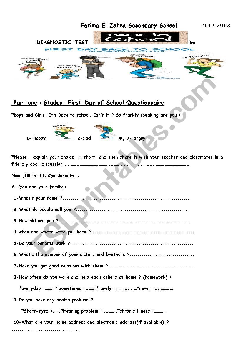 diagnostic test worksheet