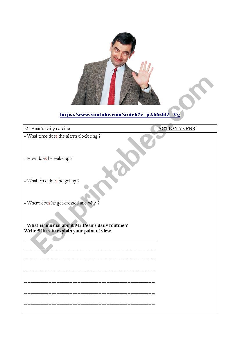 Mr Beans daily routine worksheet