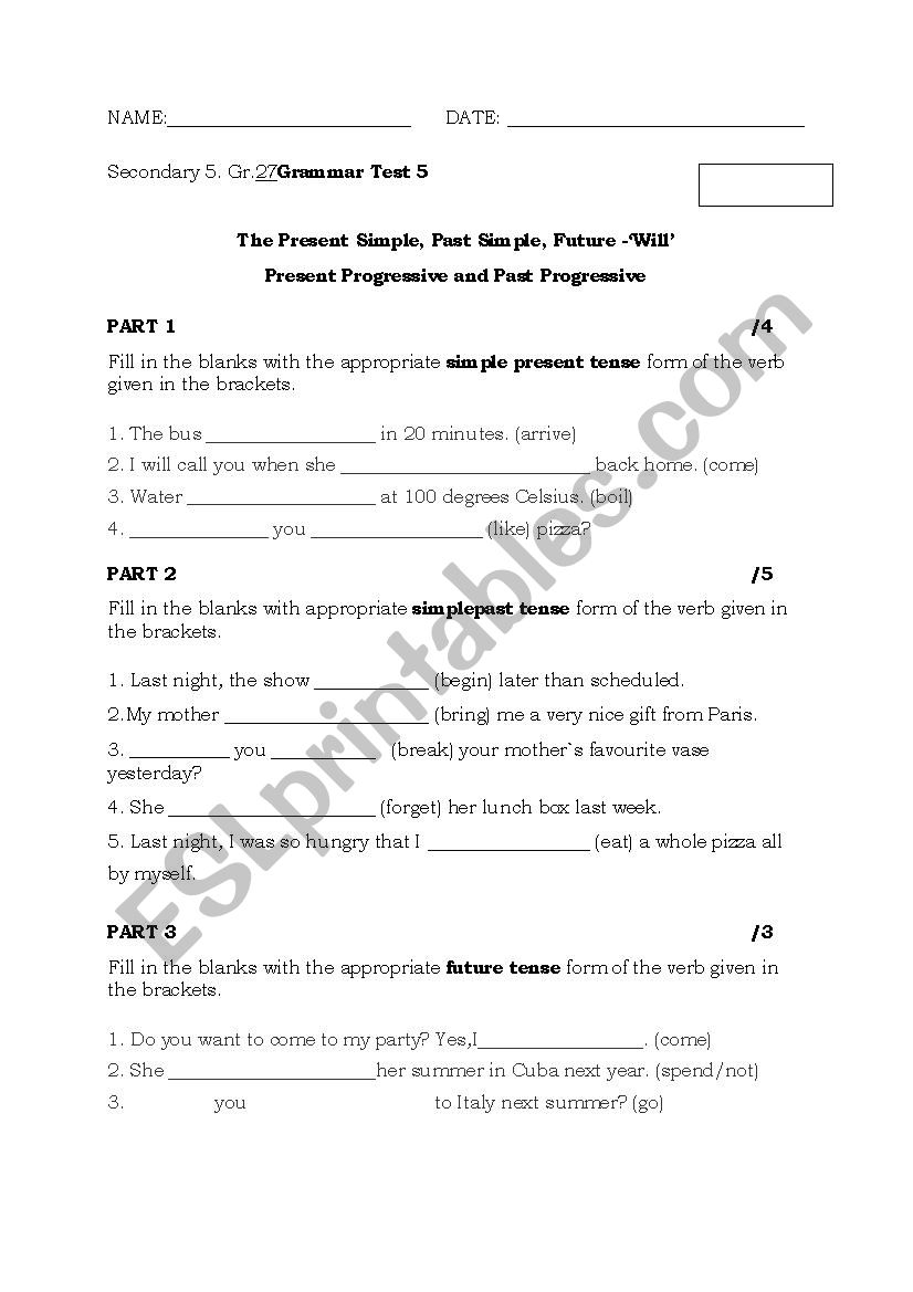 Grammar Test 5 worksheet