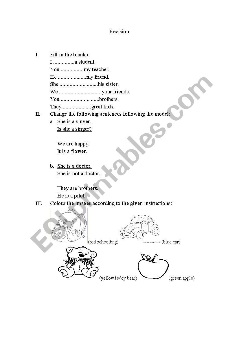 Revision to be and colours worksheet