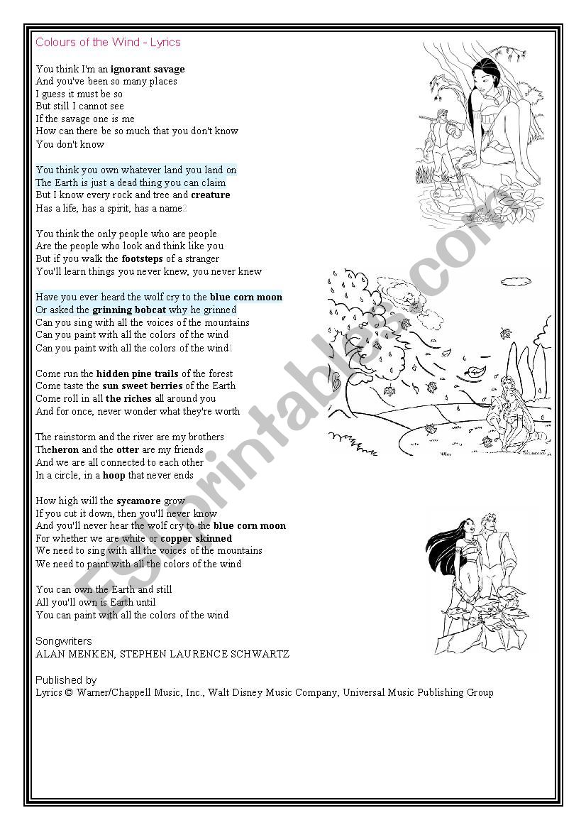 Pocahontas Lyrics Sheet worksheet