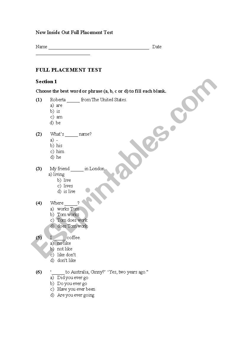 Test Information worksheet