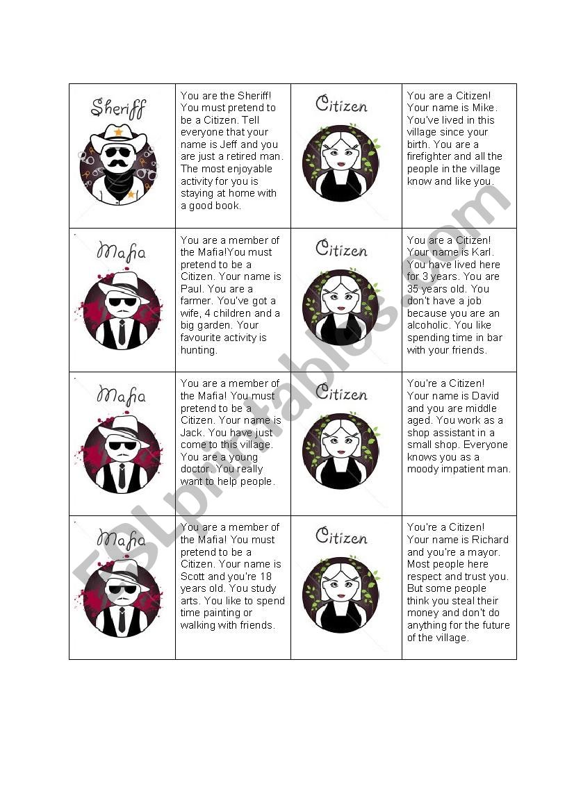 Mafia game worksheet