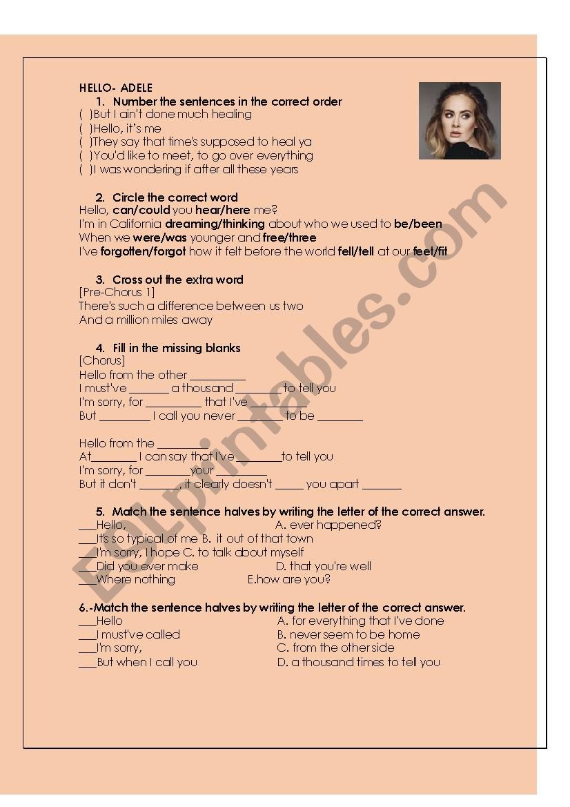 Hello  by Adele worksheet