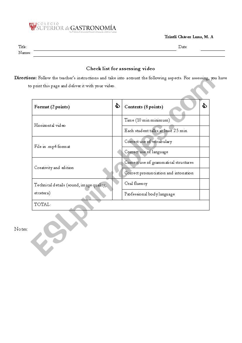 Check list for project worksheet