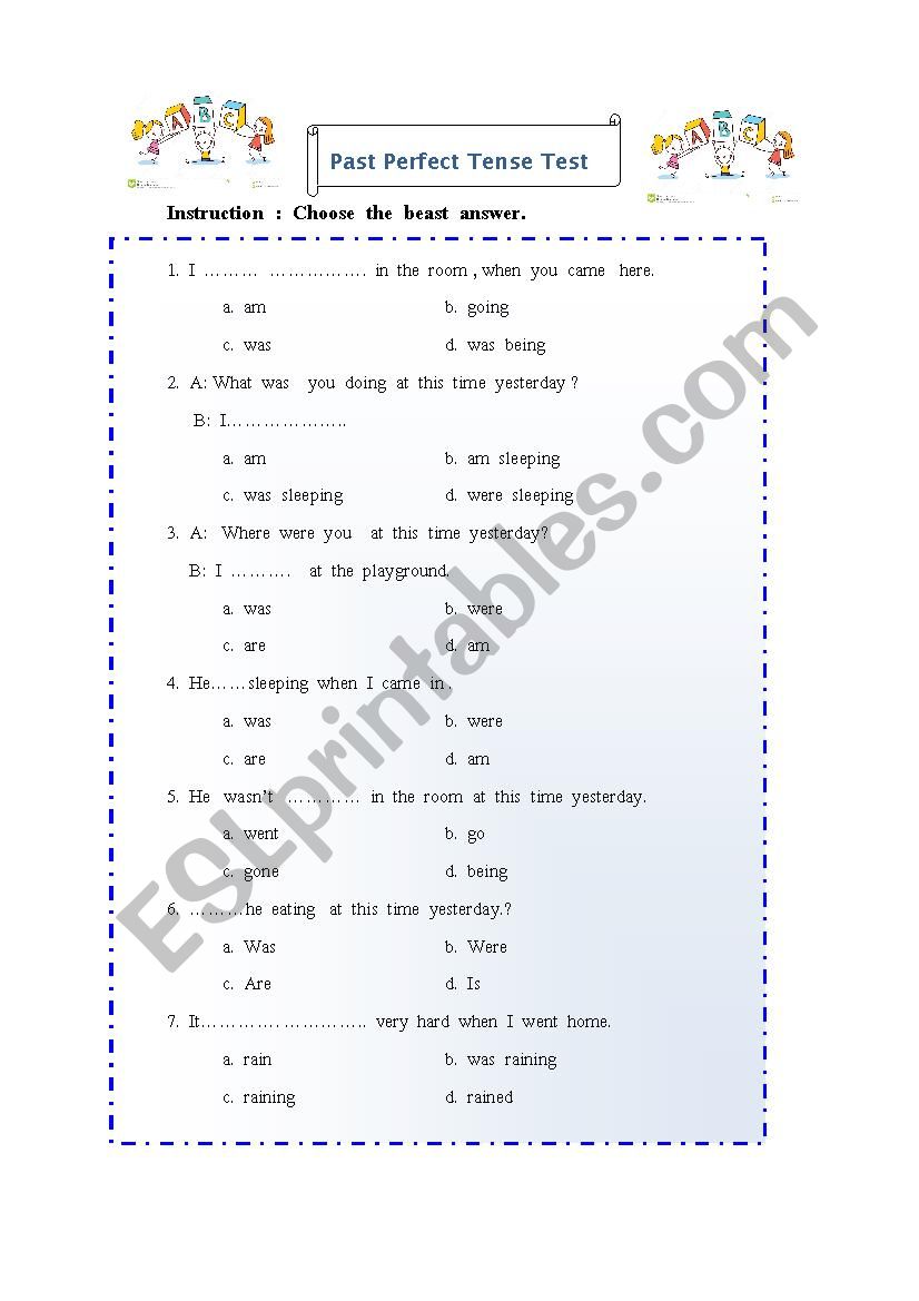 Past Prerfect Tense Test worksheet