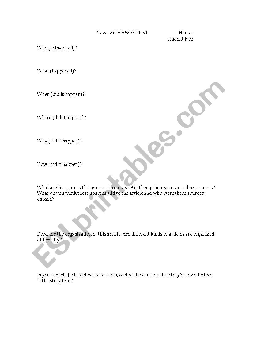 News Article Worksheet worksheet