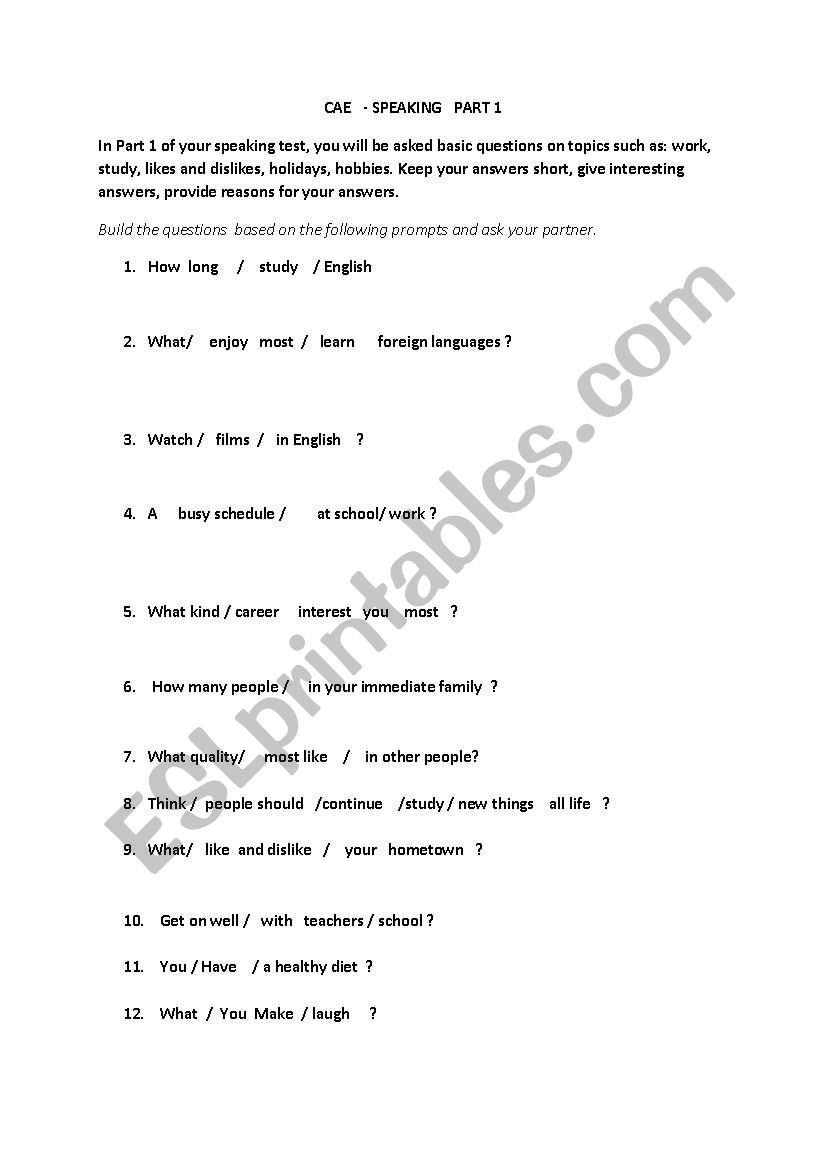 CAE speaking test  worksheet