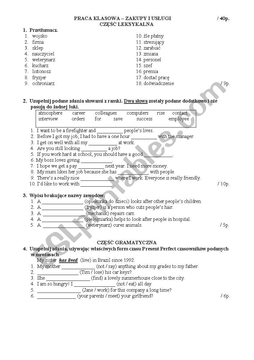 Test concerning Jobs  worksheet