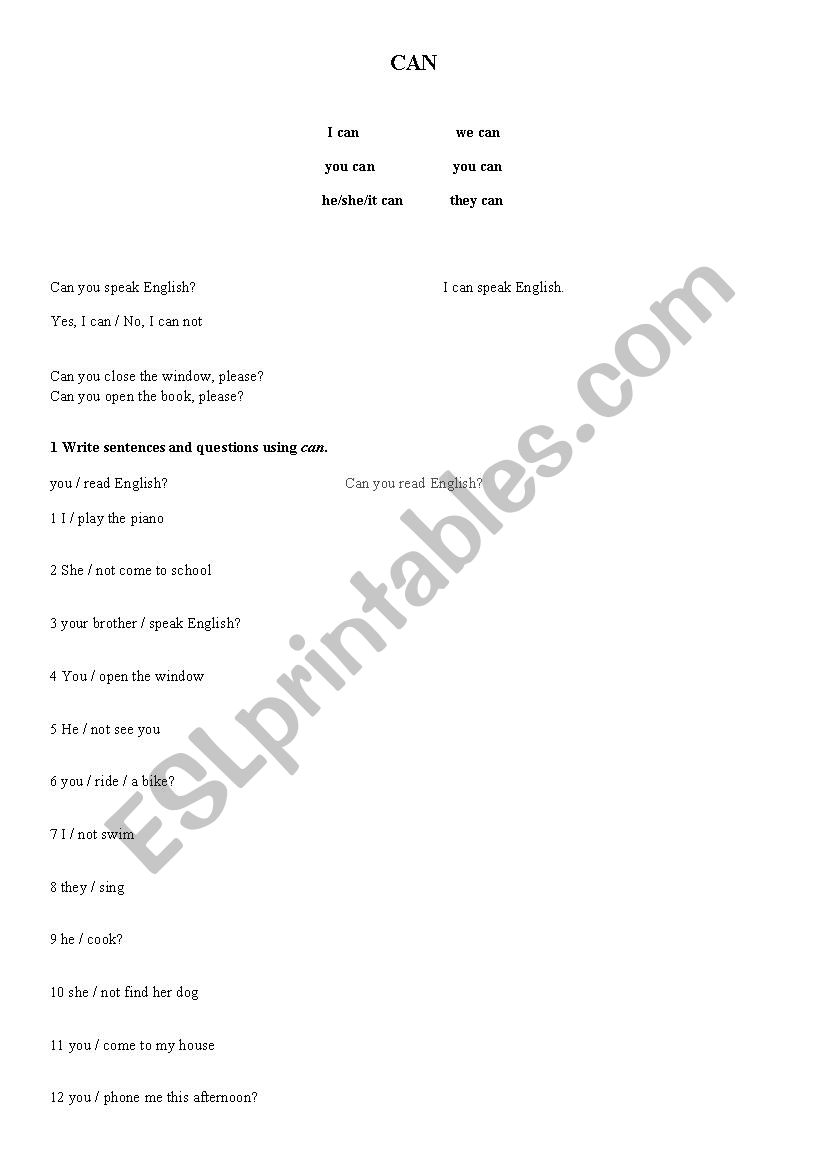 verb Can worksheet