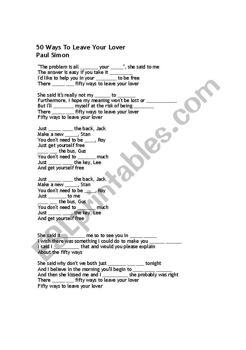 lyrics activity - 50 ways to leave your lover