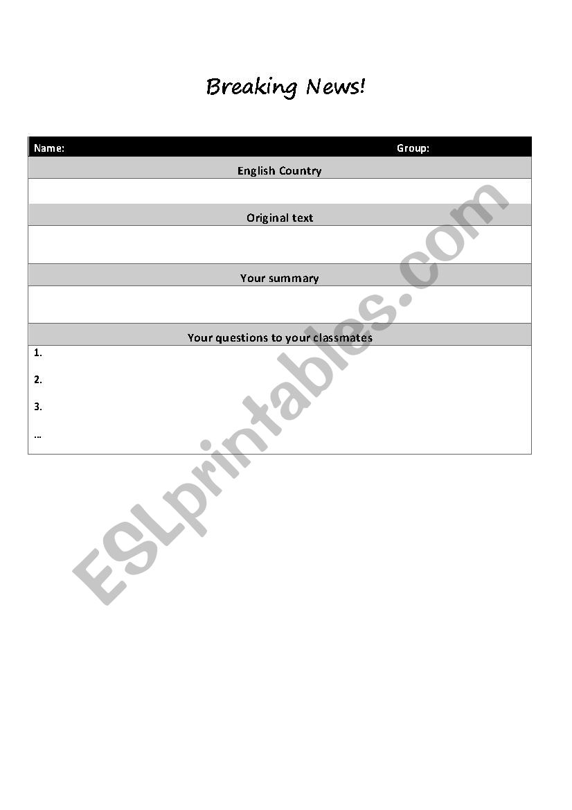 Breaking news template worksheet