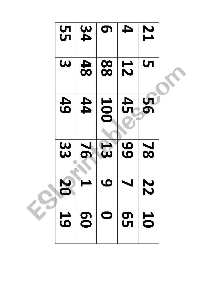 Bingo with numbers worksheet