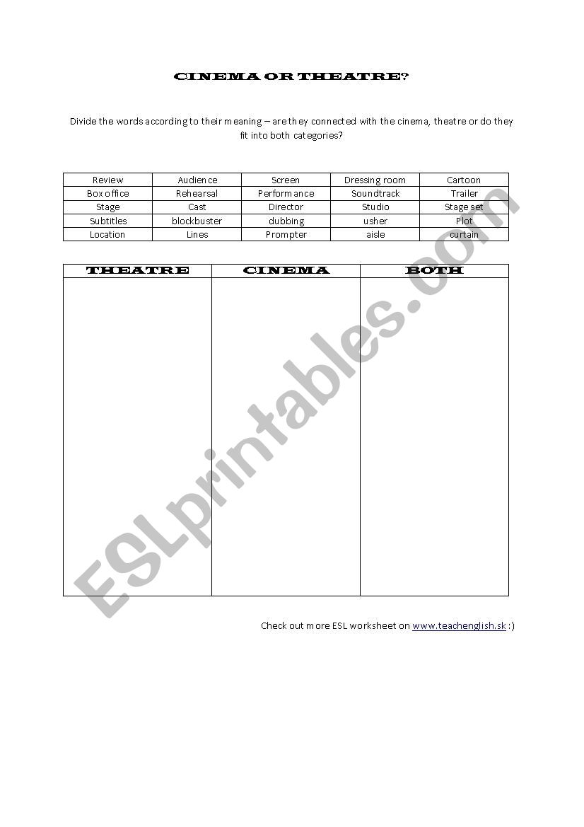 Cinema or theatre worksheet