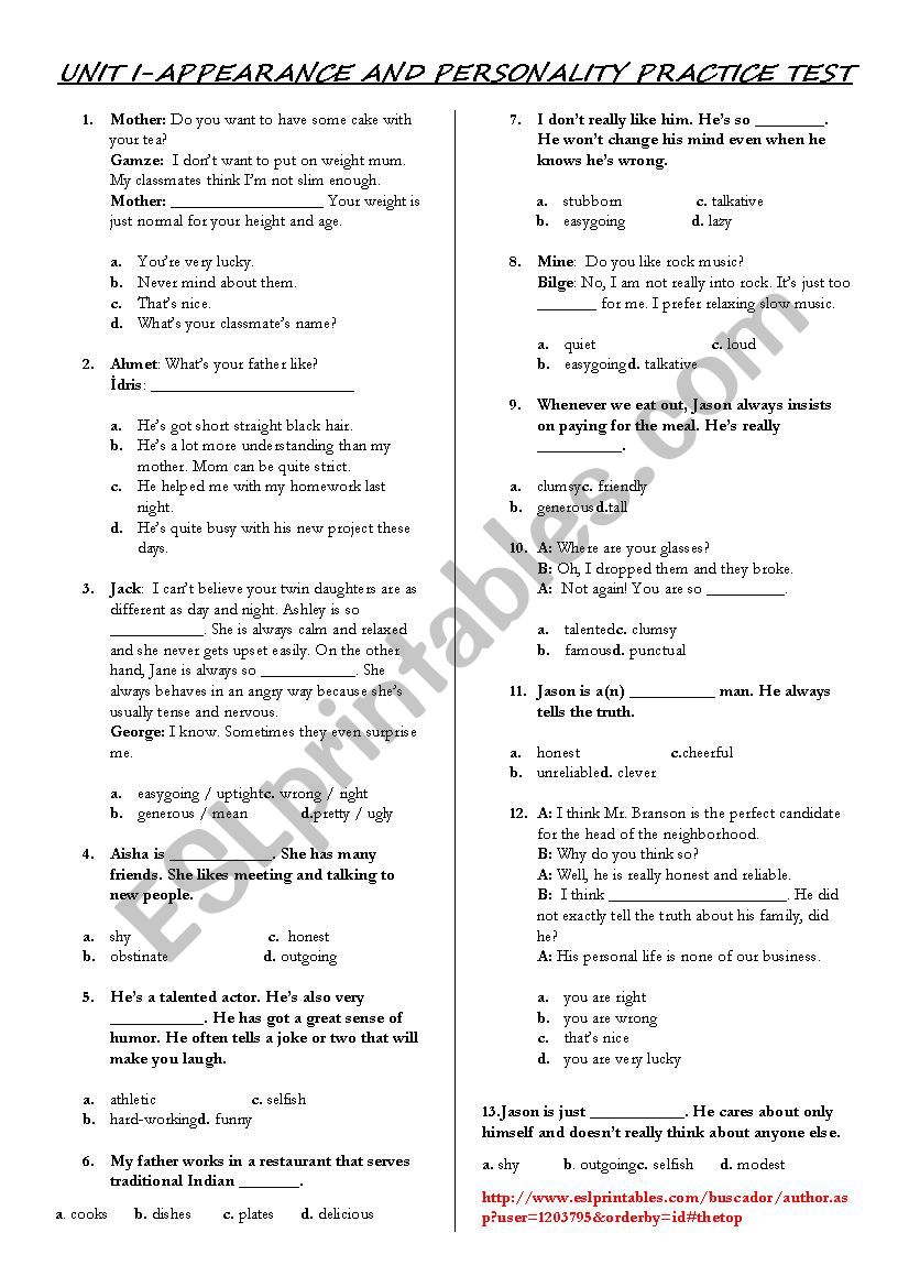 Appearance and Personality (7.1 English Route Teog Ready Test)