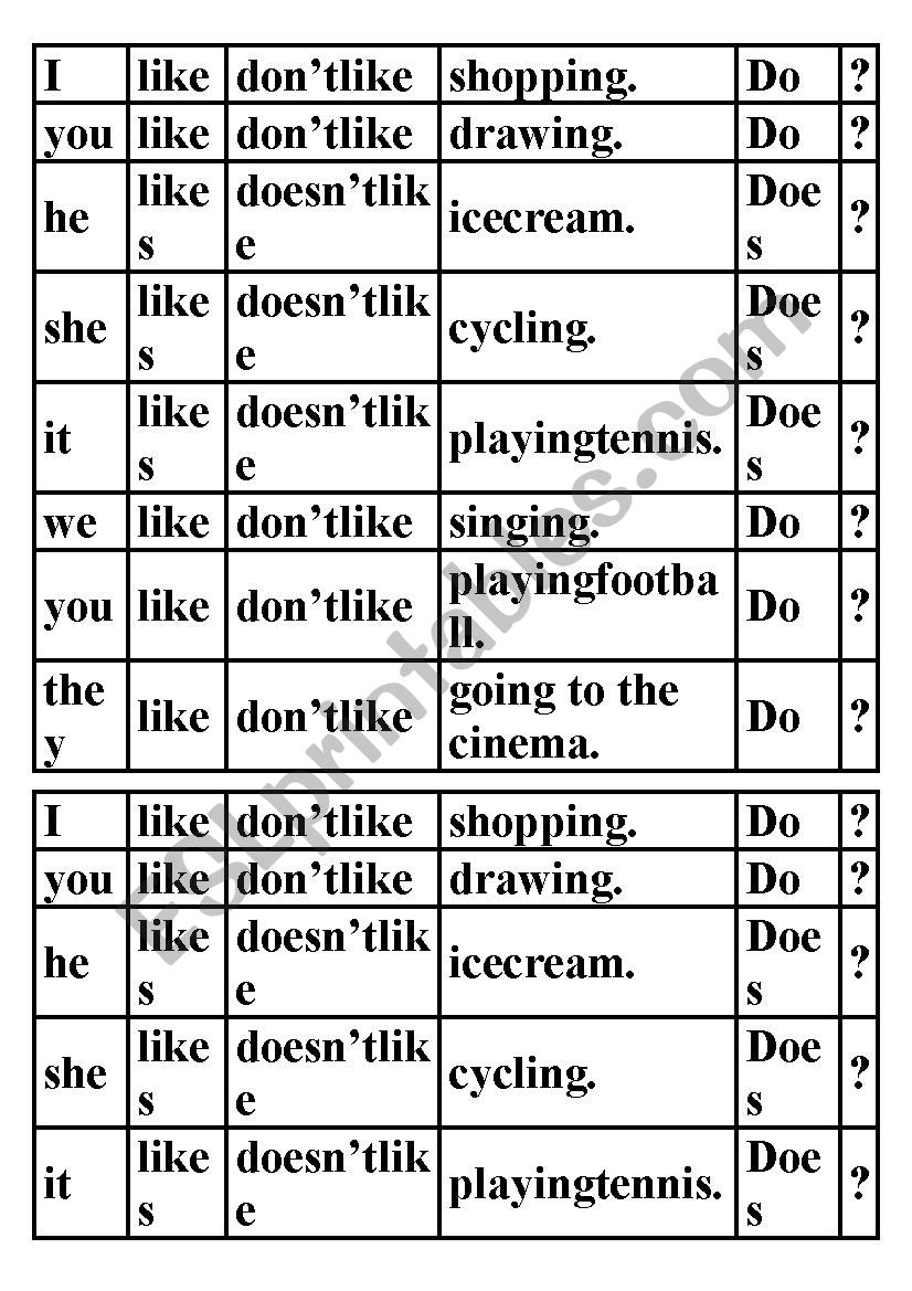 I like-negative form worksheet