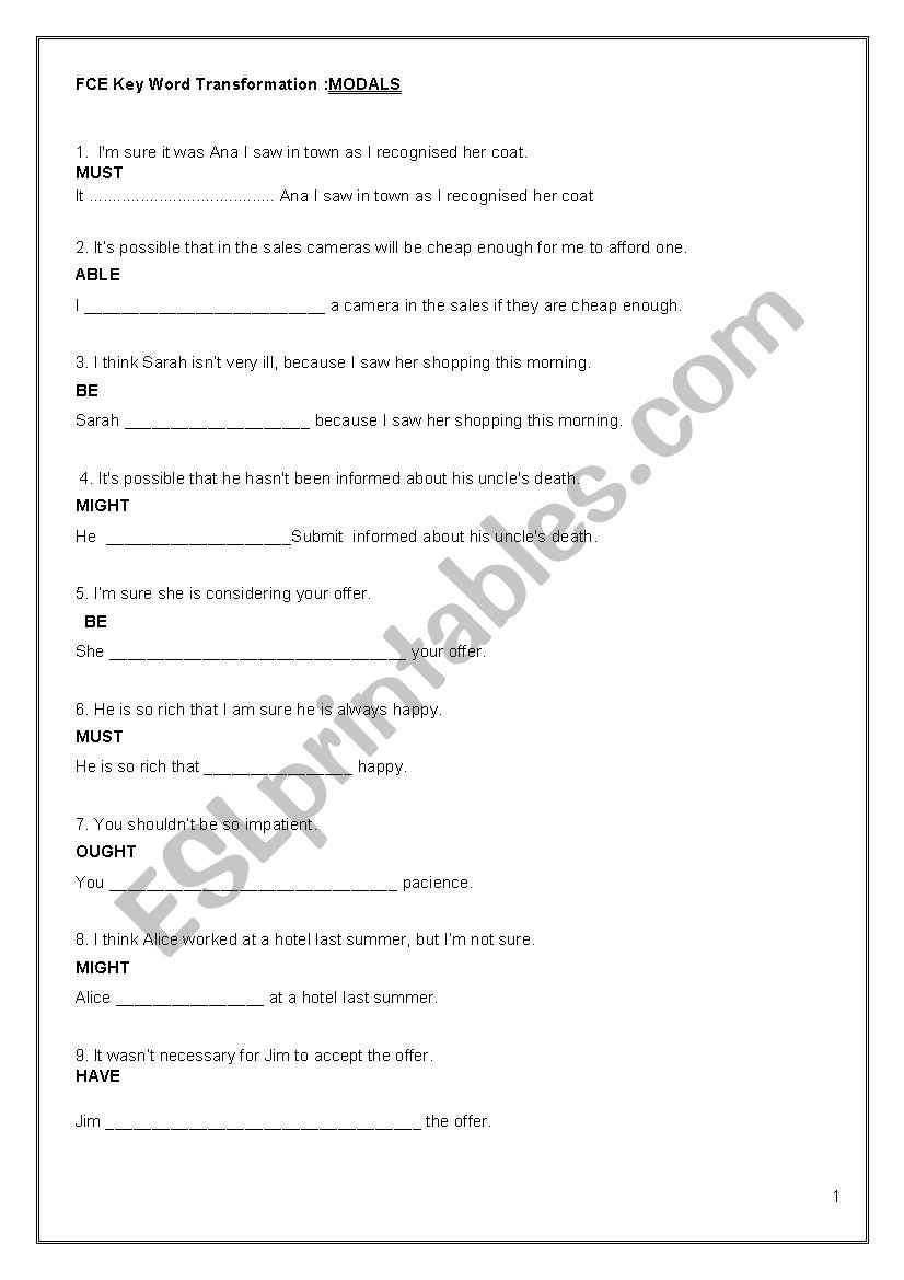 FCE Key Word Trensformation: MODALS