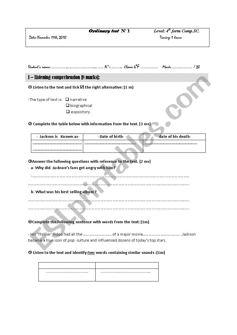 MID TERM TEST N 1 worksheet