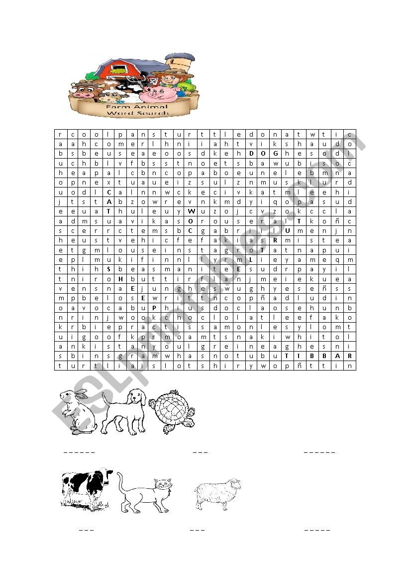 Farm animal word search worksheet