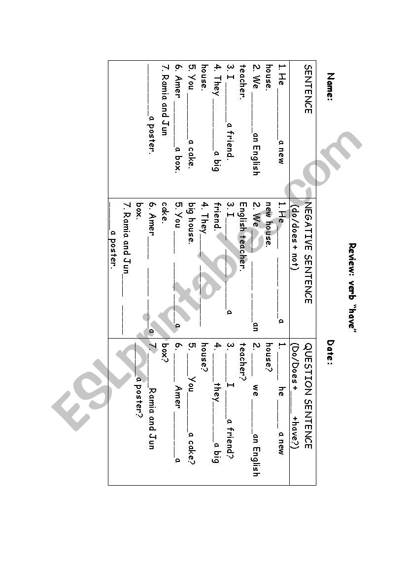 Have verb grammar exercises worksheet