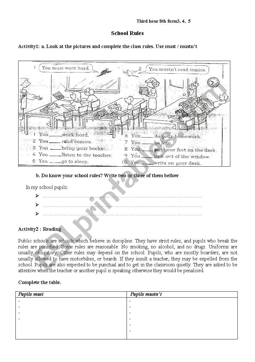 school rules worksheet