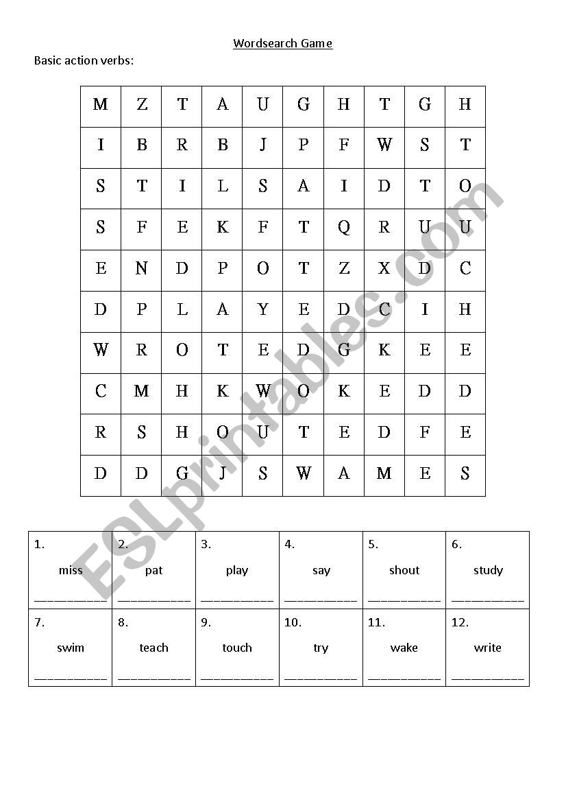 Basic Action Verbs Word Search