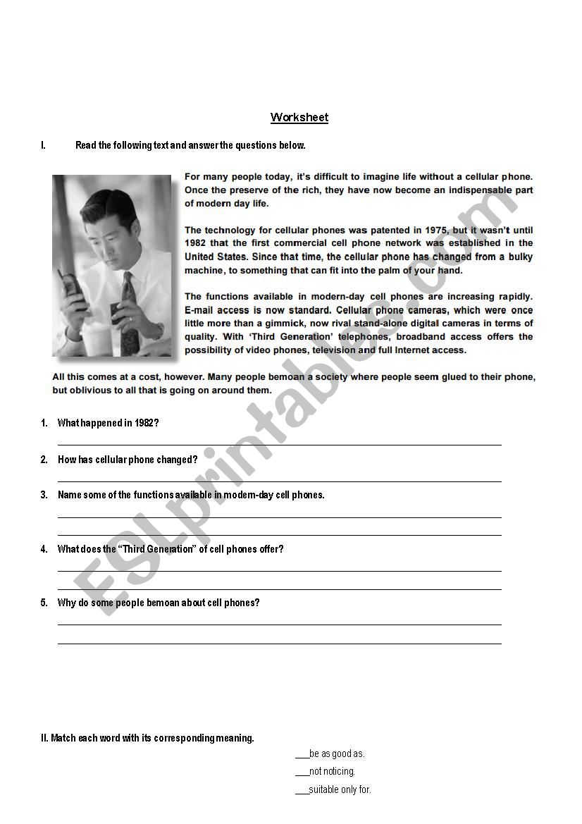 Mobile phone worksheet