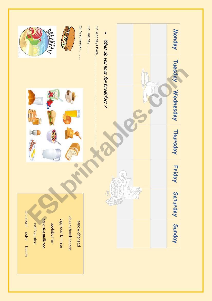 breafast calendar worksheet