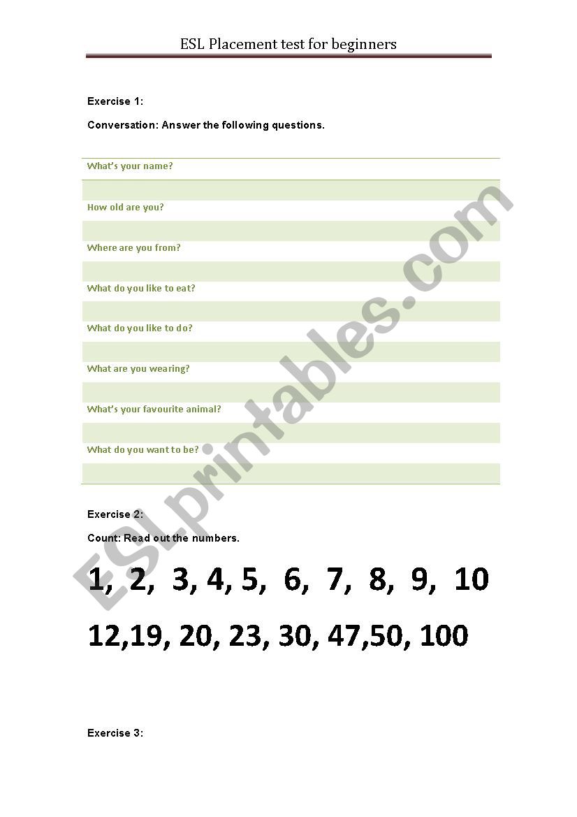 English Placement test for kids