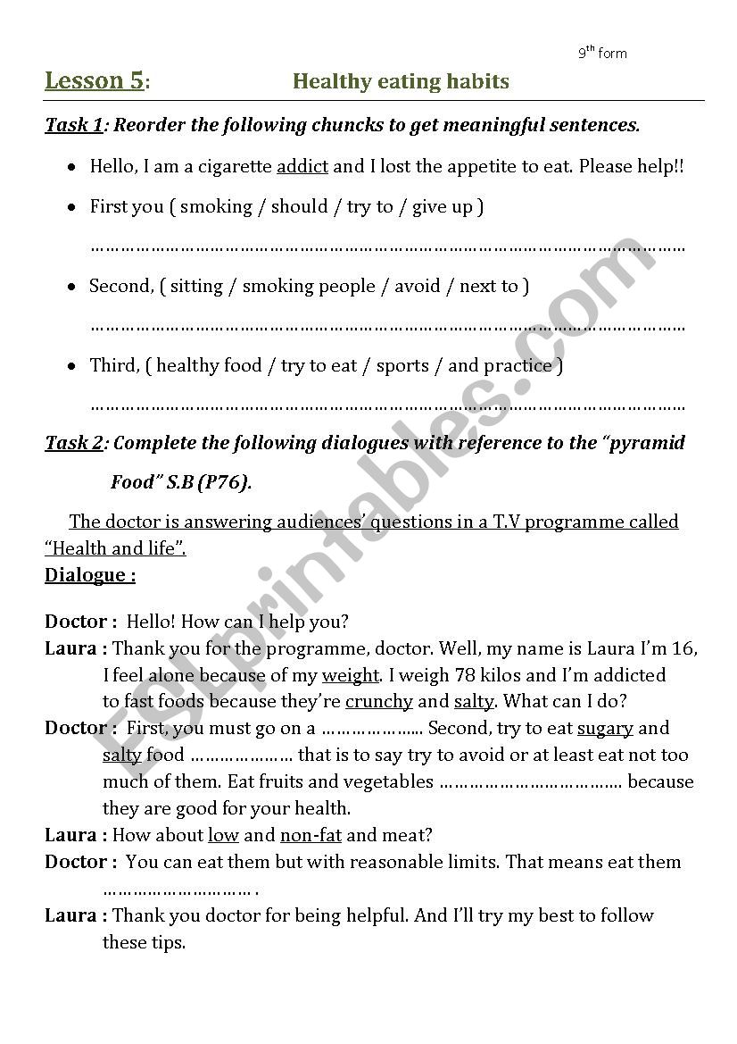 Healthy eating habits worksheet