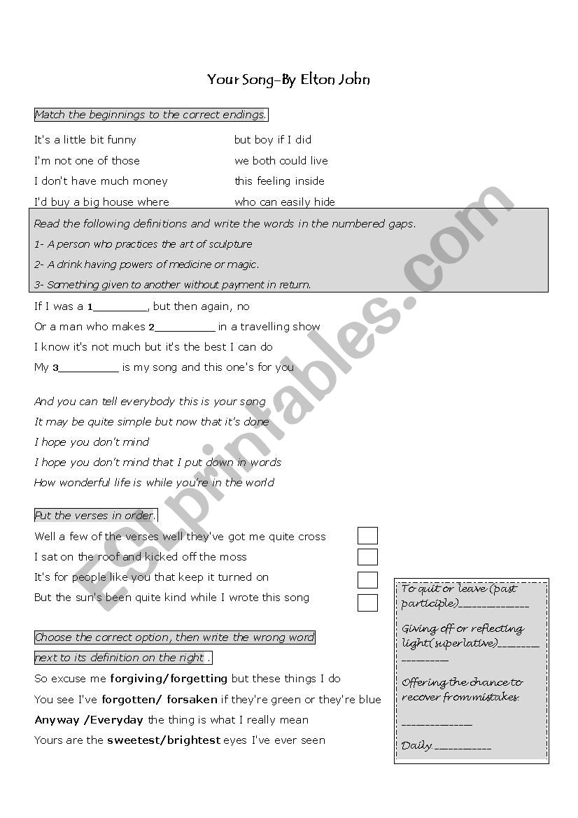 Your Song worksheet