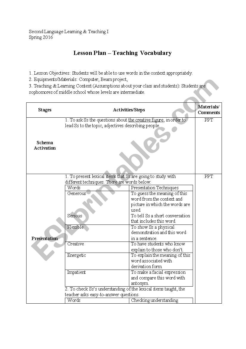 Vocabulary lesson plan worksheet