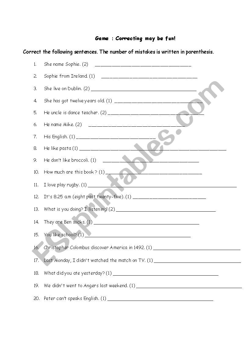 Correcting game worksheet